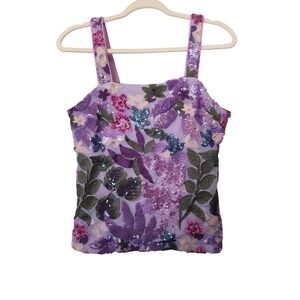 Boston Proper Womens Purple Floral Sequin Embroidered Mesh Camisole Top Size S